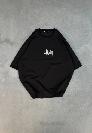 kadın Bisiklet Yaka Baskılı Oversize Kısa kol T-Shirt - Siyah