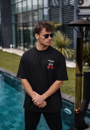Erkek  Bisiklet Yaka Baskılı Oversize T-Shirt - Siyah