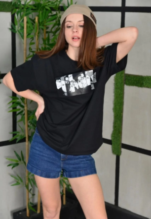 Kadın Bisiklet Yaka Baskılı  Kısa kol Oversize T-Shirt - Siyah