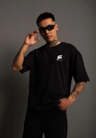 Erkek  Bisiklet Yaka Baskılı Oversize T-Shirt - Siyah