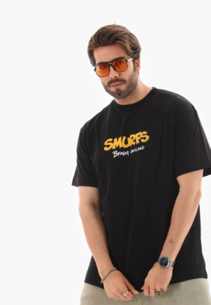 Erkek  Bisiklet Yaka Baskılı Oversize T-Shirt - Siyah