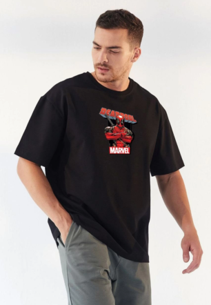 Erkek Baskılı T-Shirt Kısa Kol Bisiklet Yaka Rahat Kalıp Tişört - Siyah