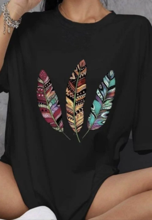 Kadın Baskılı T-Shirt Kısa Kol Bisiklet Yaka Oversize Rahat Kalıp Günlük Tişört   - Siyah