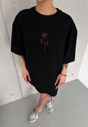 kadın Bisiklet Yaka Baskılı Oversize Kısa kol T-Shirt - Siyah
