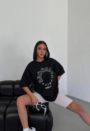 Kadın Baskılı T-Shirt Kısa Kol Bisiklet Yaka  Ovarsize Rahat Kalıp Günlük Tişört - Siyah