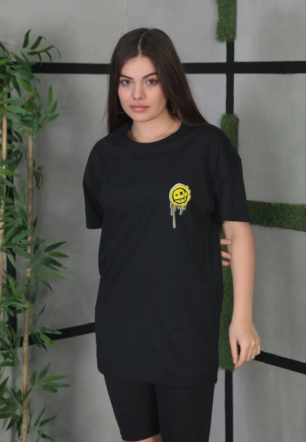 Kadın Bisiklet Yaka Baskılı  Kısa kol Oversize T-Shirt - Siyah