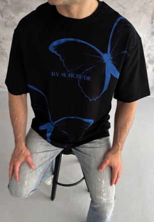 Erkek  Bisiklet Yaka Baskılı Oversize T-Shirt - Siyah