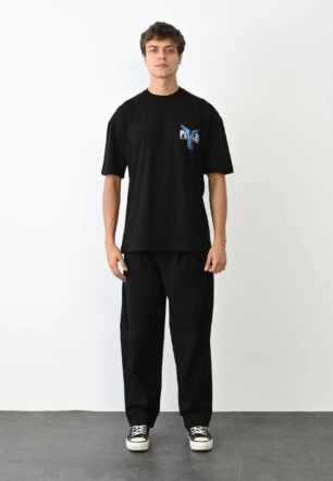 Erkek Baskılı T-Shirt Kısa Kol Bisiklet Yaka Regular Fit Rahat Kalıp Günlük Tişört - Siyah