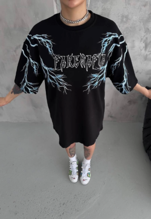 Kadın Bisiklet Yaka Baskılı  Kısa kol Oversize T-Shirt - Siyah