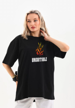 Kadın Baskılı T-Shirt Kısa Kol Bisiklet Yaka Oversize Rahat Kalıp Günlük Tişört   - Siyah