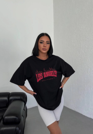 Kadın Baskılı T-Shirt Kısa Kol Bisiklet Yaka  Ovarsize Rahat Kalıp Günlük Tişört  - Siyah