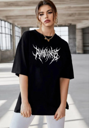 Kadın Baskılı T-Shirt Kısa Kol Bisiklet Yaka Oversize Rahat Kalıp Günlük Tişört   - Siyah