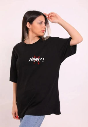 kadın  Bisiklet Yaka Baskılı Oversize T-Shirt - Siyah