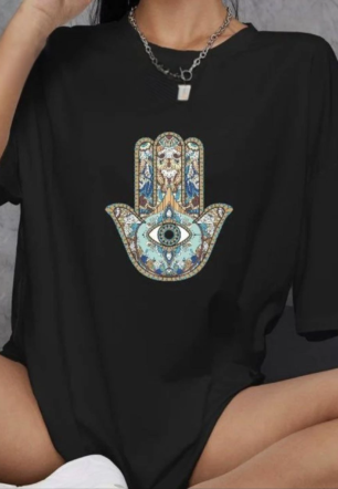 Kadın Baskılı T-Shirt Kısa Kol Bisiklet Yaka Oversize Rahat Kalıp Günlük Tişört   - Siyah
