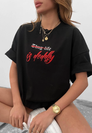 kadın Bisiklet Yaka Baskılı Oversize  Kısa kol T-Shirt - Siyah
