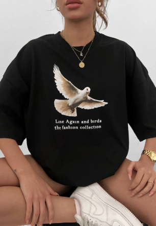 kadın Bisiklet Yaka Baskılı Kısa kol Oversize T-Shirt - Siyah