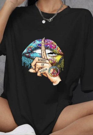 Kadın Baskılı T-Shirt Kısa Kol Bisiklet Yaka Oversize Rahat Kalıp Günlük Tişört   - Siyah