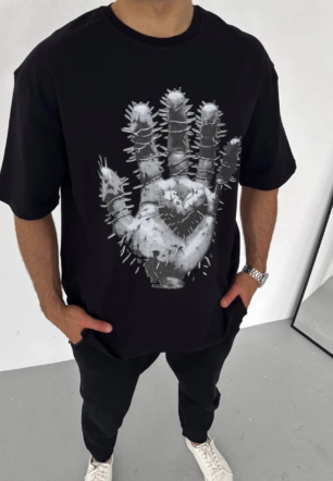 Erkek Baskılı T-Shirt Kısa Kol Bisiklet Yaka Regular Fit Rahat Kalıp Günlük Tişört - Siyah