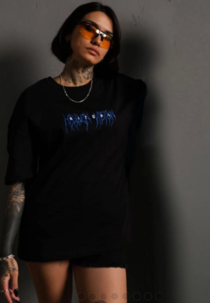 kadın Bisiklet Yaka Baskılı Oversize Kısa kol T-Shirt - Siyah
