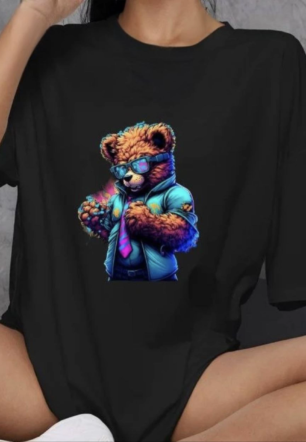 Kadın Baskılı T-Shirt Kısa Kol Bisiklet Yaka Oversize Rahat Kalıp Günlük Tişört   - Siyah