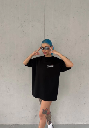 Kadın Bisiklet Yaka Baskılı kısa kol Oversize T-Shirt - Siyah