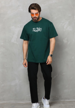 Erkek  Bisiklet Yaka Baskılı Oversize T-Shirt - Yeşil