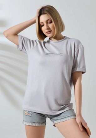 Kadın Bisiklet Yaka Baskılı Slim Fit T-Shirt - Boyalı Gri