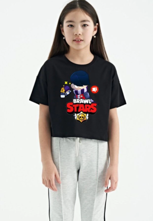 Unisex Bisiklet Yaka Kısa Kol Baskılı Çocuk T-Shirt - Siyah