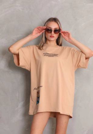 kadın Bisiklet Yaka Baskılı Oversize Kısa kol T-Shirt - Bej