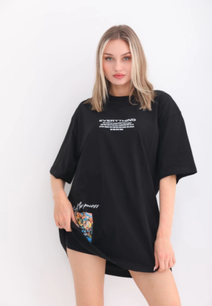 kadın  Bisiklet Yaka Baskılı Oversize T-Shirt - Siyah