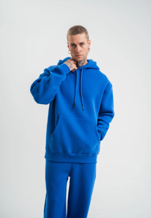 ERKEK Double Oversize Kapşonlu Basic SweatShirt - Mavi