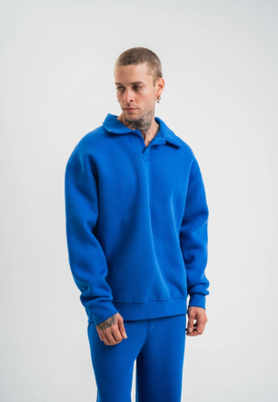 Erkek Patlı Yaka Üç İplik Pamuklu Sweatshirt Double Oversize Rahat Kalıp Günlük Kullanım - Mavi