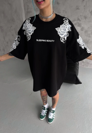 Kadın Baskılı ovarsize  Kısa kol T-Shirt - Siyah
