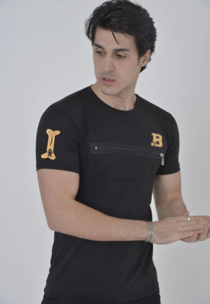 Erkek Baskılı T-Shirt Kısa Kol Bisiklet Yaka Göğüs Fermuarlı Slimfit Tişört  - Siyah