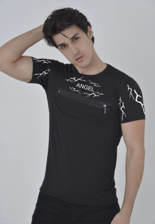 Erkek Baskılı T-Shirt Kısa Kol Bisiklet Yaka Göğüs Fermuarlı Slimfit Tişört  - Siyah