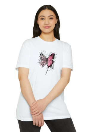 Kadın Bisiklet Yaka kelebek Baskılı Kısa kol  T-Shirt - Beyaz
