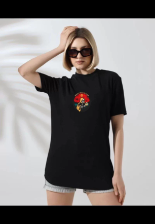 Kadın Bisiklet Yaka Baskılı  kısa kol T-Shirt - Siyah
