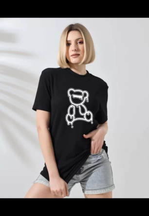Kadın Bisiklet Yaka Baskılı  Kısa kol T-Shirt - Siyah