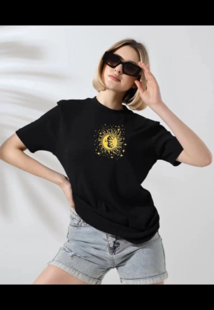 Kadın Bisiklet Yaka Baskılı  Kısa kol T-Shirt - Siyah