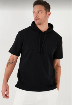 Erkek  Kapşonlu Kısa Kol Düz Oversize T-shirt - Siyah