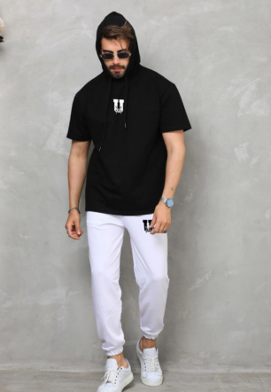 Erkek  Kapşonlu Oversize T-Shirt Takım - Siyah