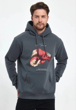 Erkek Kapüşonlu Üç İplik Pamuklu Baskılı Sweatshirt - Füme
