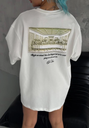 Kadın Baskılı T-Shirt Kısa Kol Bisiklet Yaka Ovarsize Rahat Kalıp Günlük Tişört - Beyaz