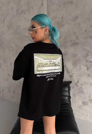 Kadın Baskılı T-Shirt Kısa Kol Bisiklet Yaka Ovarsize Rahat Kalıp Günlük Tişört - Siyah