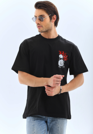 Erkek Baskılı T-Shirt Kısa Kol Bisiklet Yaka Rahat Kalıp Tişört  - Siyah