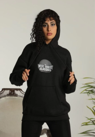 Kadın Sırt Baskılı Kapüşonlu Üç İplik Oversize Sweatshirt - Siyah