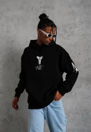 ERKEK Sırt Baskılı Kapüşonlu Üç İplik Oversize Sweatshirt - Siyah