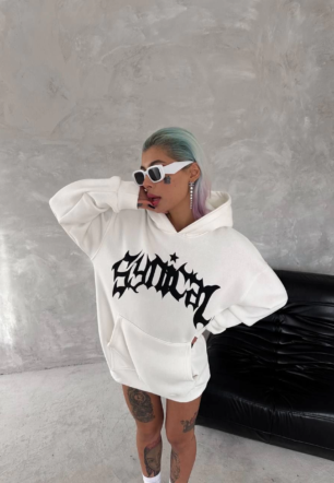 kadın Üç İplik Kapüşonlu Baskılı SweatShirt - Beyaz