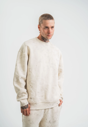 Erkek 3 İplik Pamuklu Yağ Yıkamalı Sweatshirt Double Oversize Bisiklet Yaka Uzun Kol - Krem