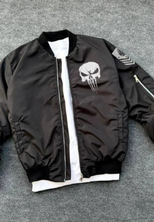 ERKEK Siyah Askeri Tarz Bomber Mont Punisher Skull Detaylı Fermuarlı Cepli - Siyah